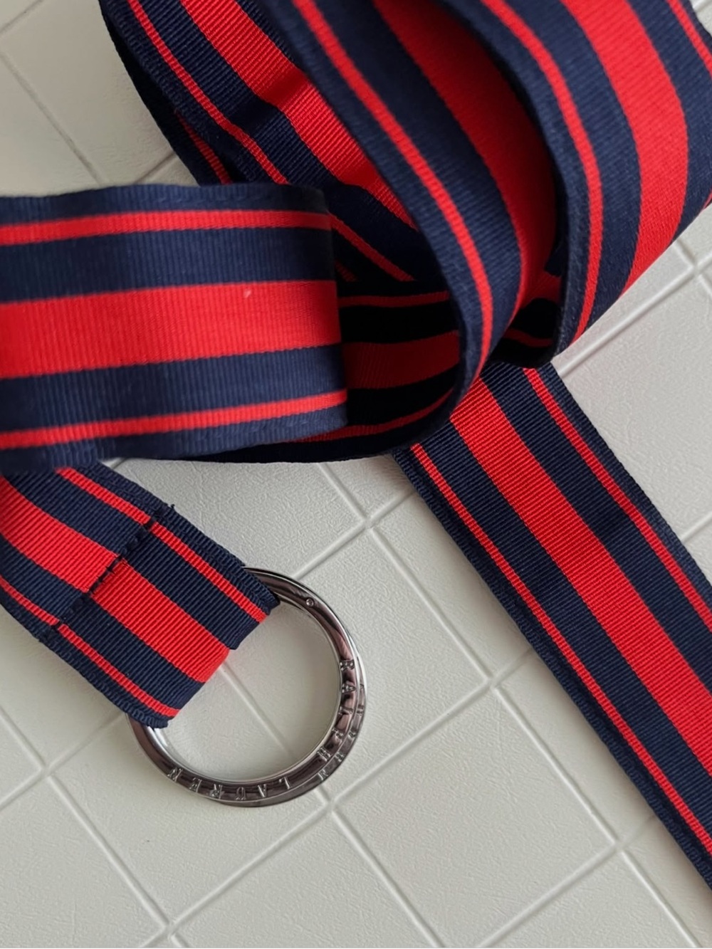 Ralph Lauren Red and Navy Striped Web Belt with Silver Ring